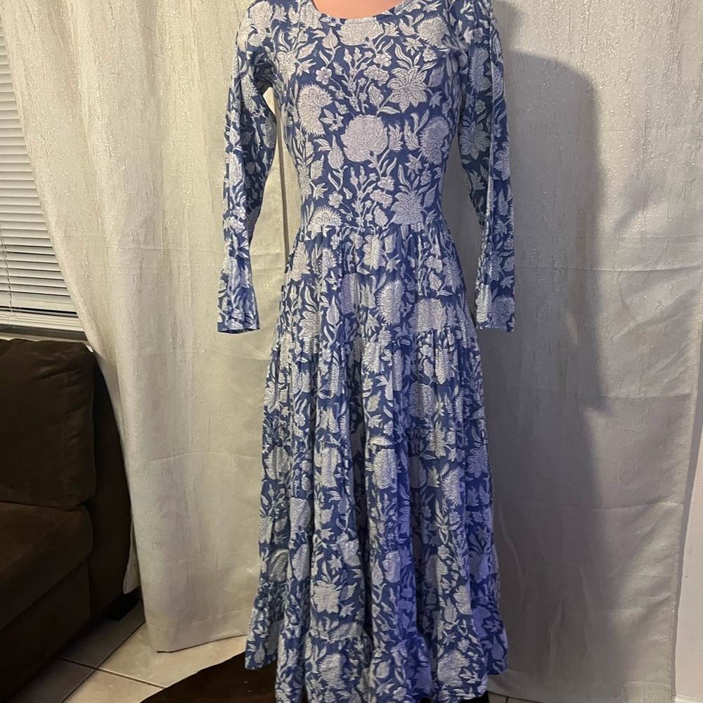 Arket Blue and White Floral Tiered Long-Sleeve Maxi Dress